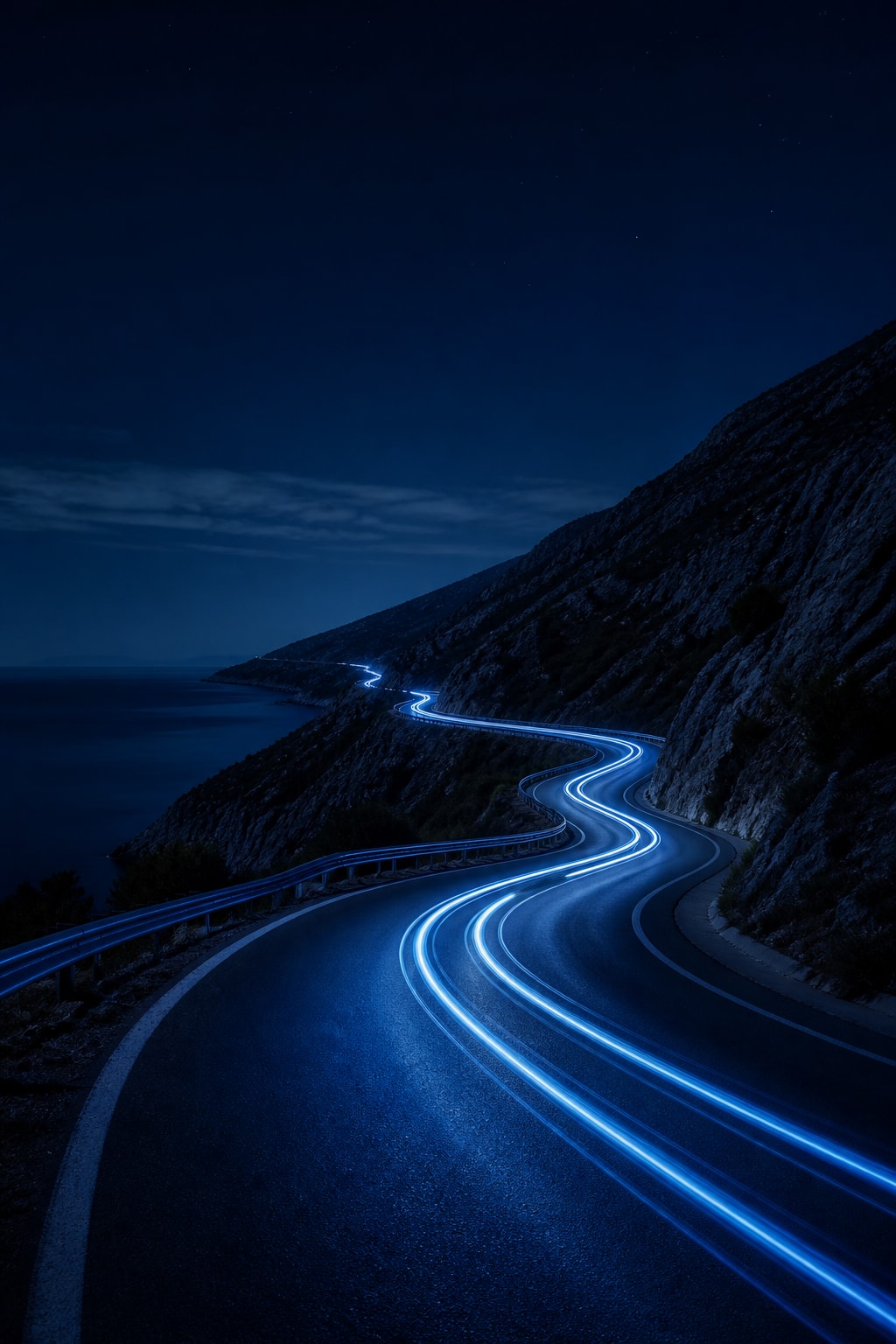 Estrada costeira noturna com rastos de luz azuis